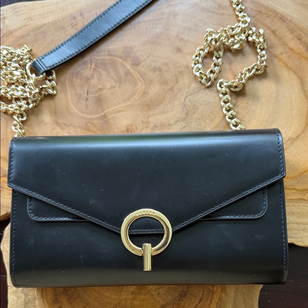 Sandro Black Leather Crossbody with Gold Ring and Chain